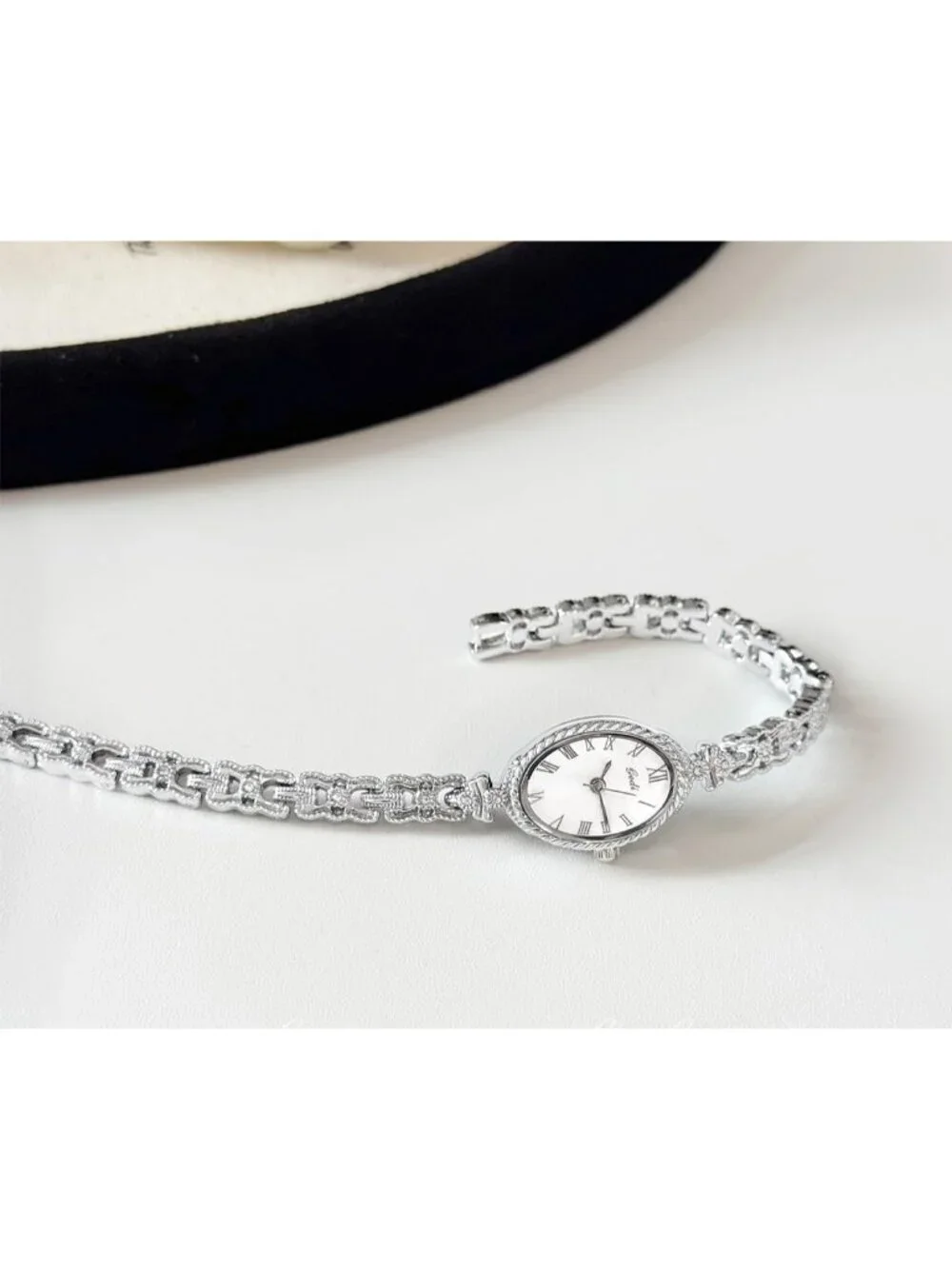 Women's Silver White Oval Vintage Bracelet Small Quartz Bangle Analog Watches